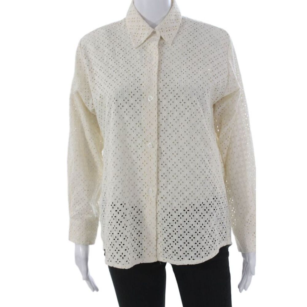 Kimberly Taylor Women Collared Geometric Cotton Button-Up Top Ivory Size S